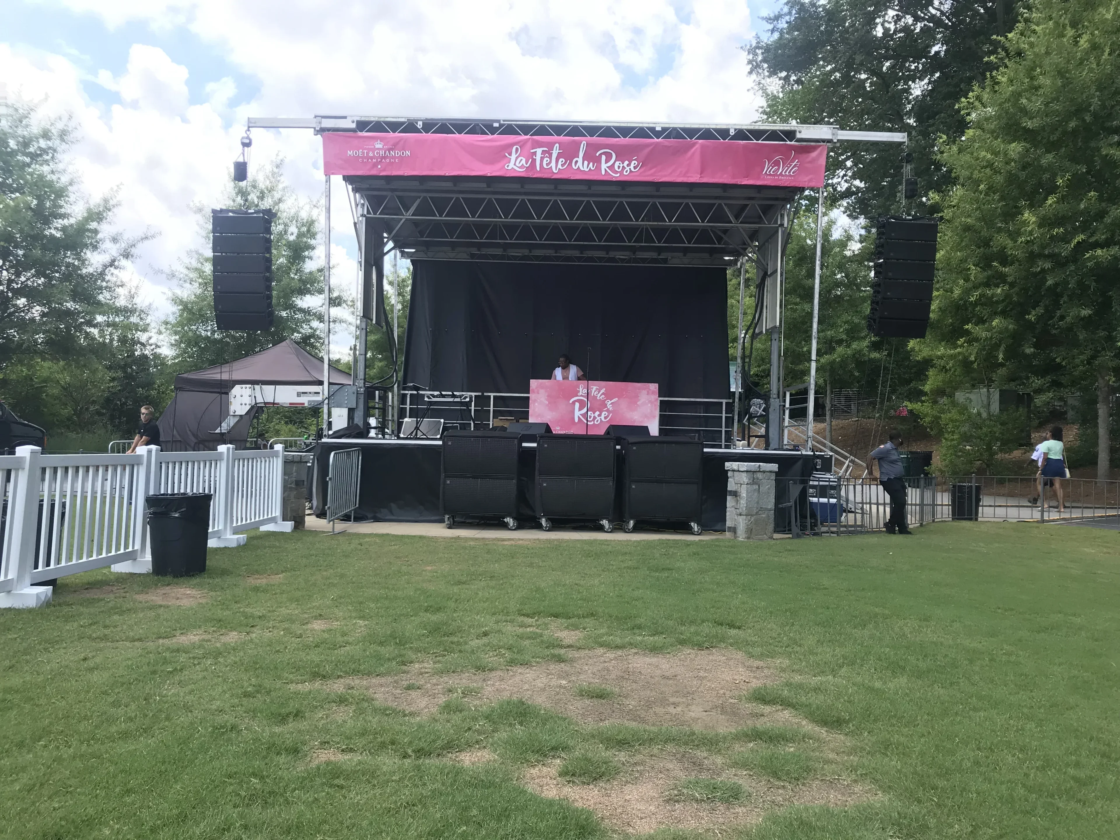 SL100 mobile stage with dual line arrays, PA, and LED pars