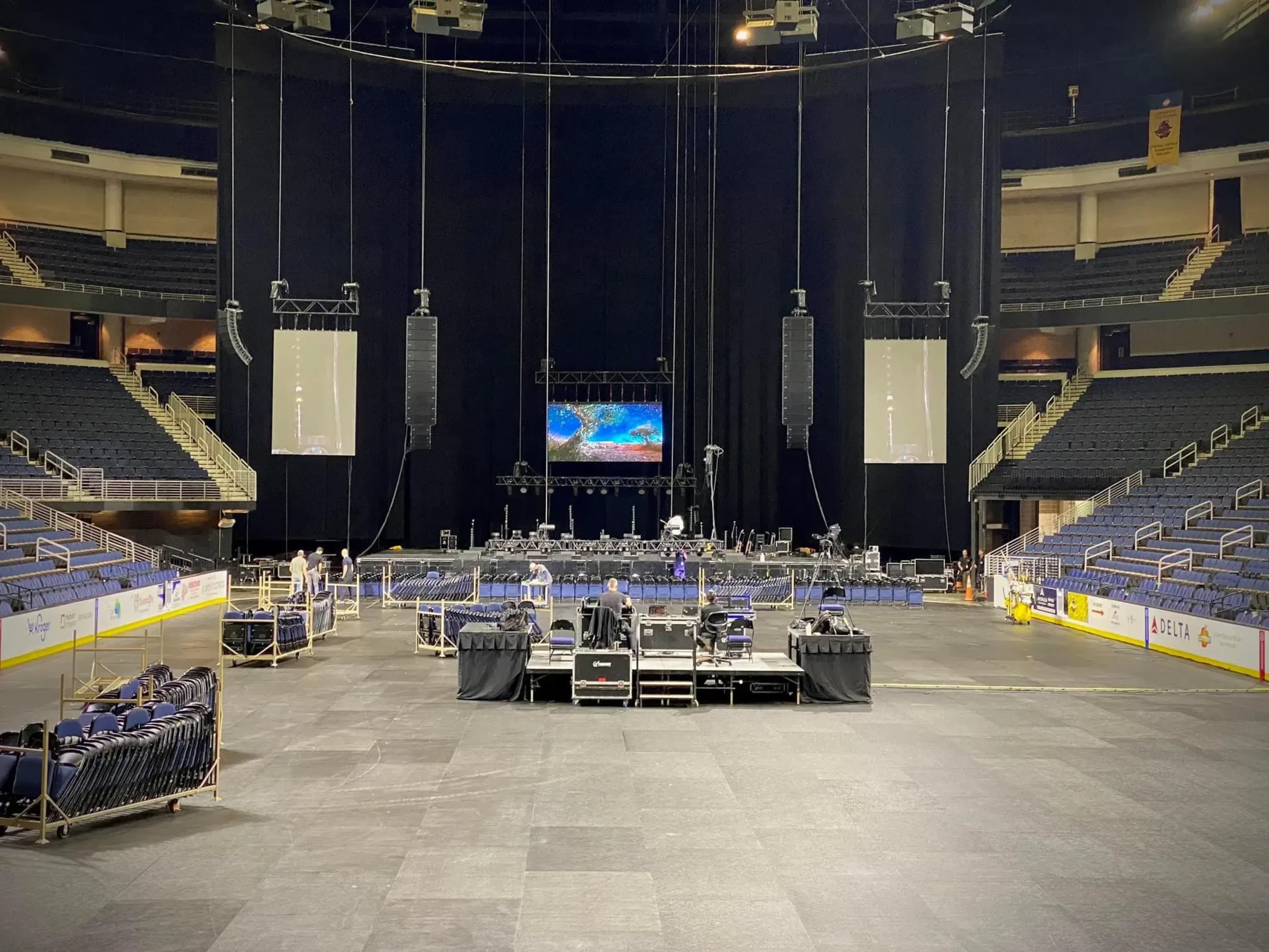 Stage with lighting, LED walls, and rigging