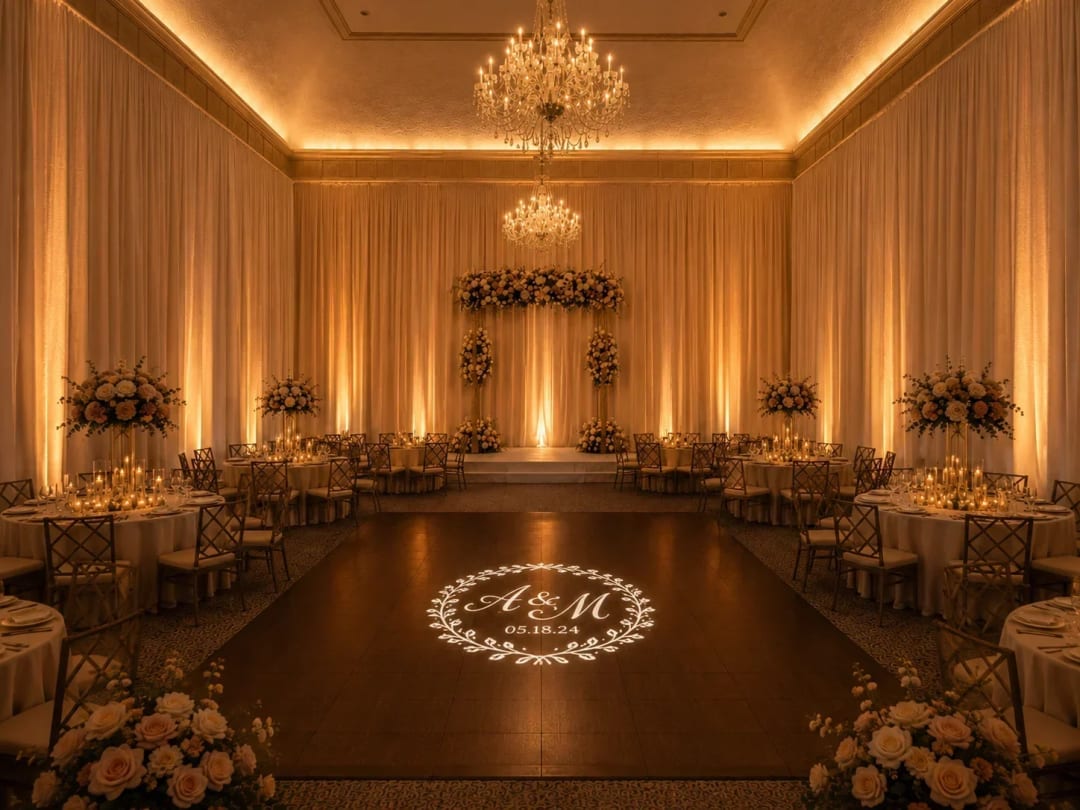 Warm event lighting finishing the look of full drape walls at an Atlanta event.