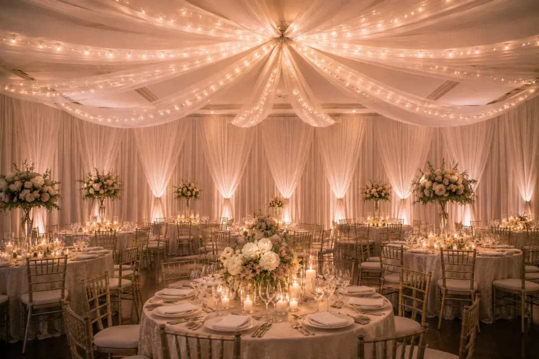 Warm-lit Atlanta reception with full ceiling drapery and uplit white drape walls.
