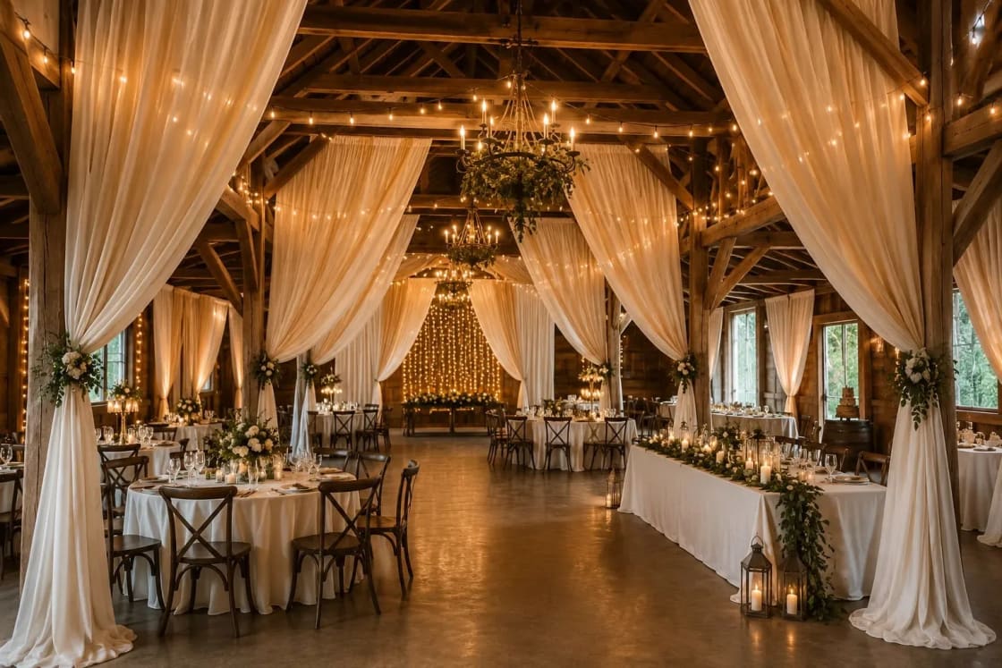 Warm string-lit timber reception hall with ivory drapery panels, a chandelier, and a long head table at an Atlanta wedding.