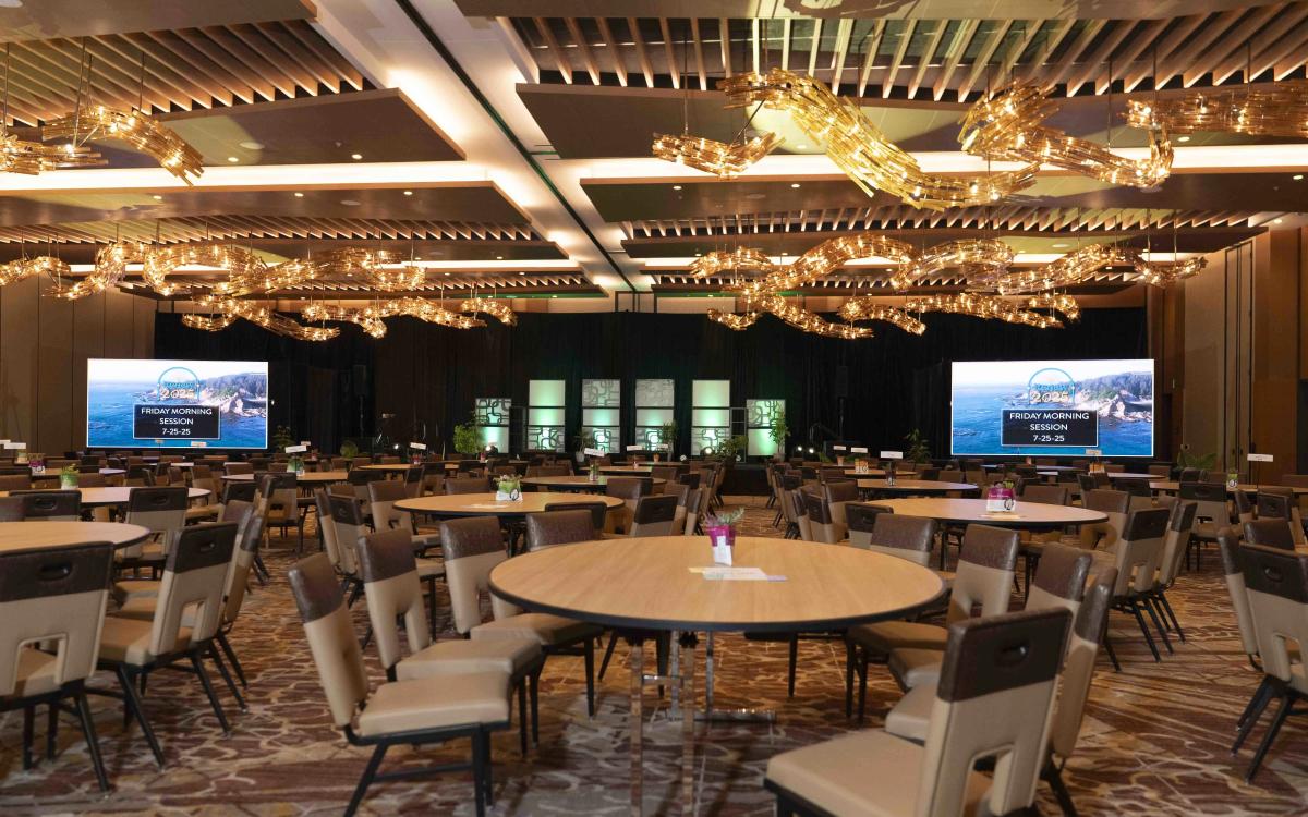 Conference hall LED event stage with lighting and audio