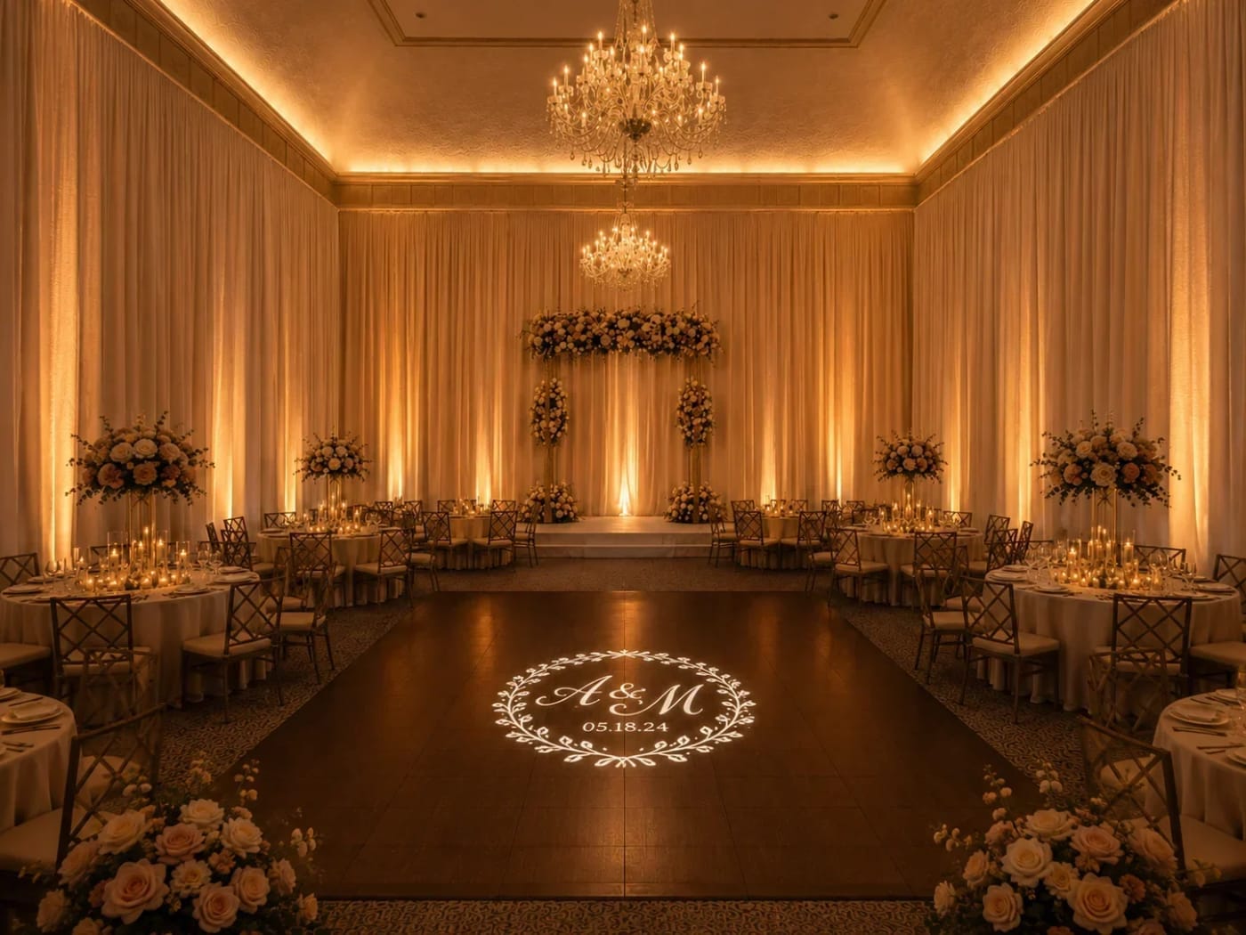Warm event lighting and a custom gobo monogram finishing the look of full drape walls in an Atlanta ballroom.