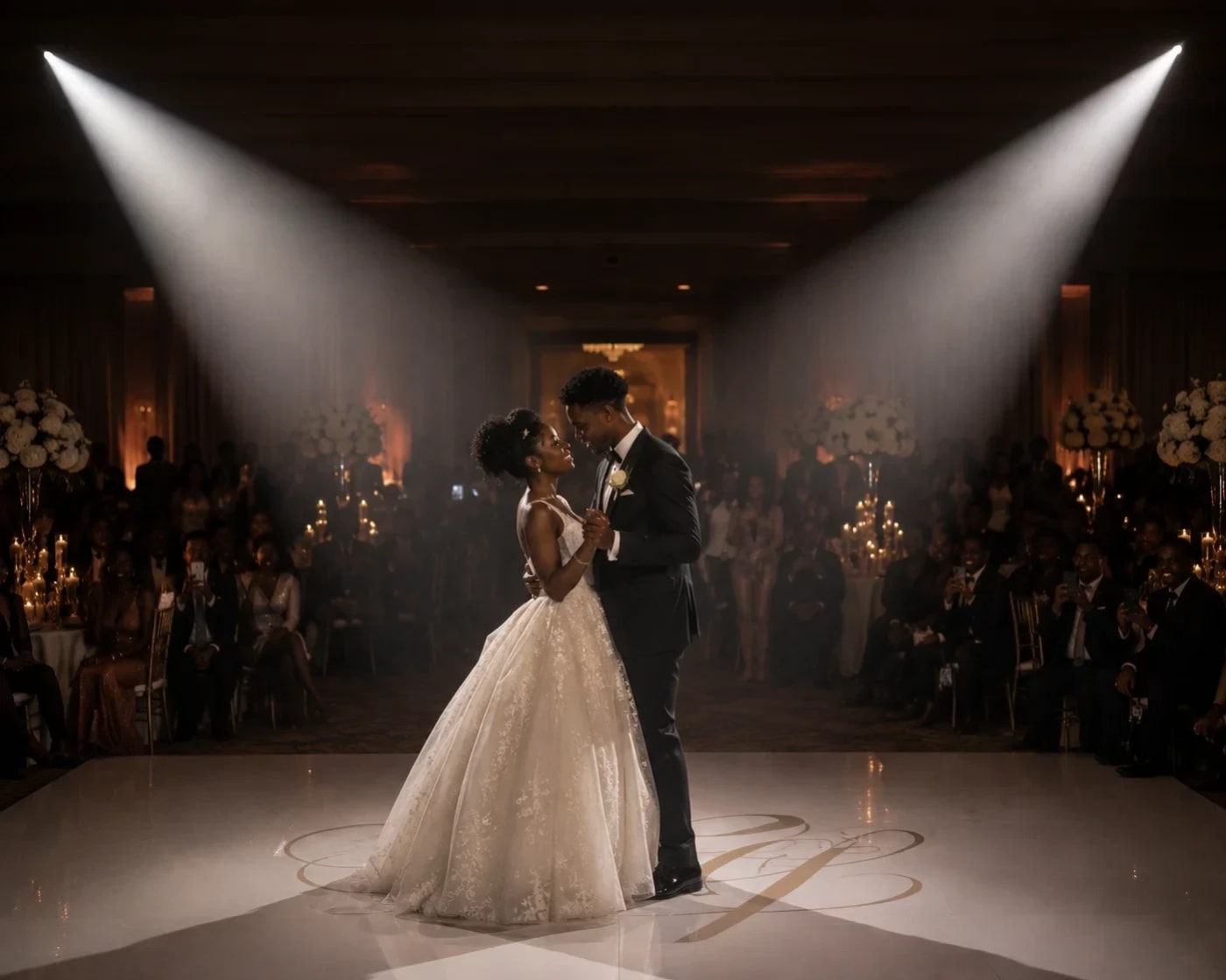 Couple sharing a spotlit first dance on a monogrammed floor in front of a draped backdrop at an Atlanta wedding reception.