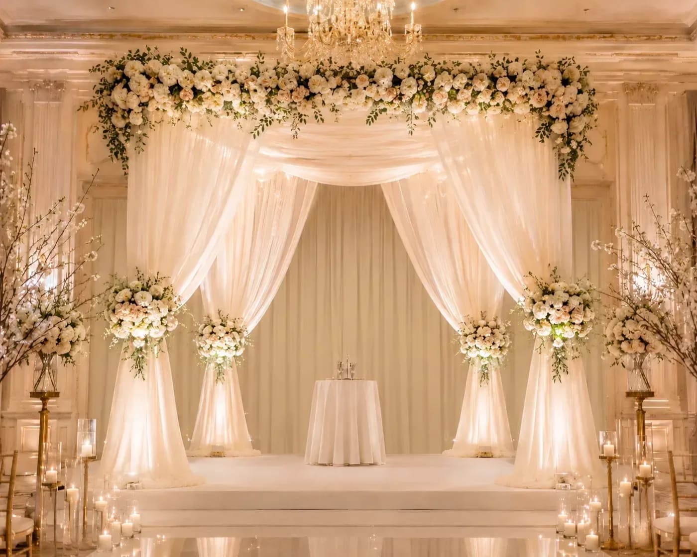 Elegant white and ivory wedding drapery wall masking with sheer fabric at an Atlanta reception.