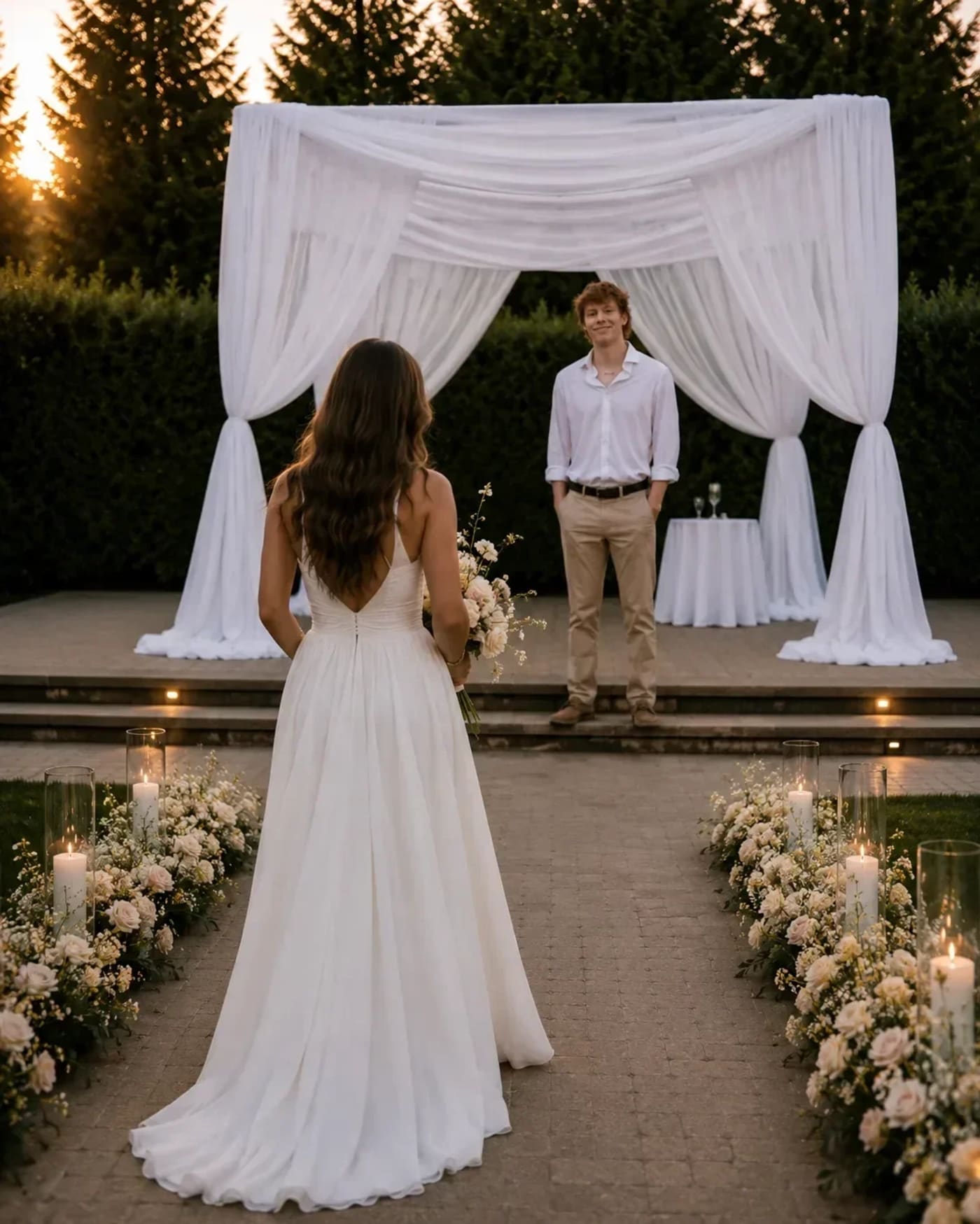 Sheer white draped ceremony canopy on an outdoor platform at golden hour, with a candle- and floral-lined aisle at an Atlanta wedding.