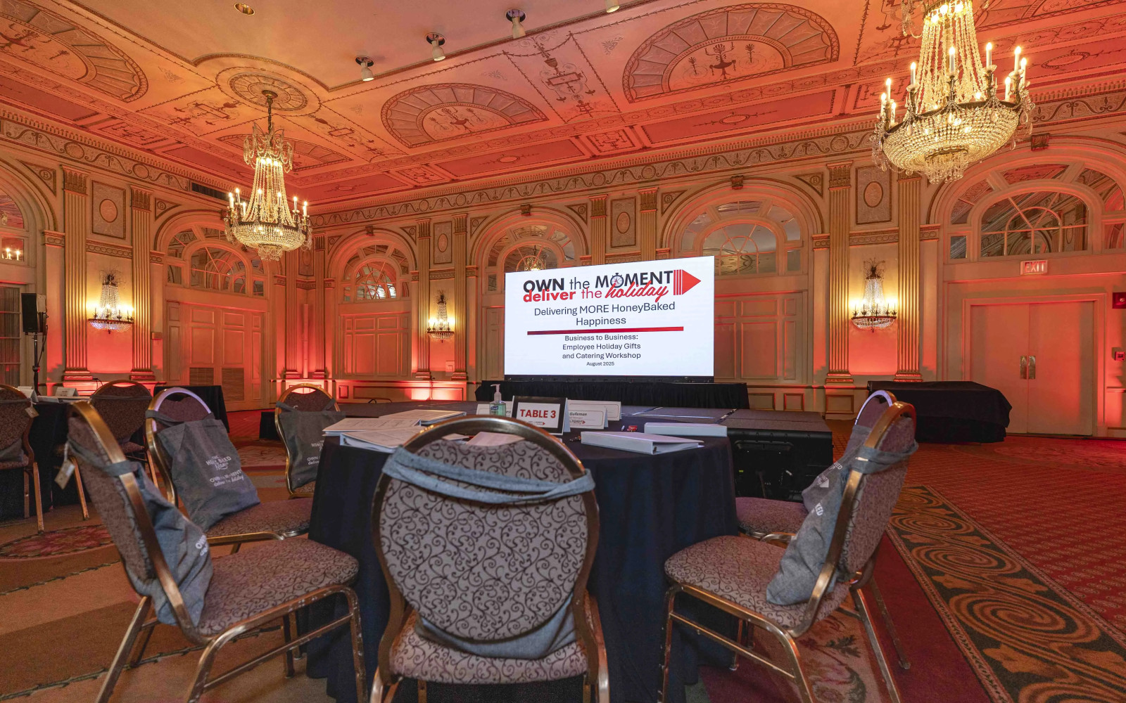 Corporate meeting with LED video wall display and presentation systems