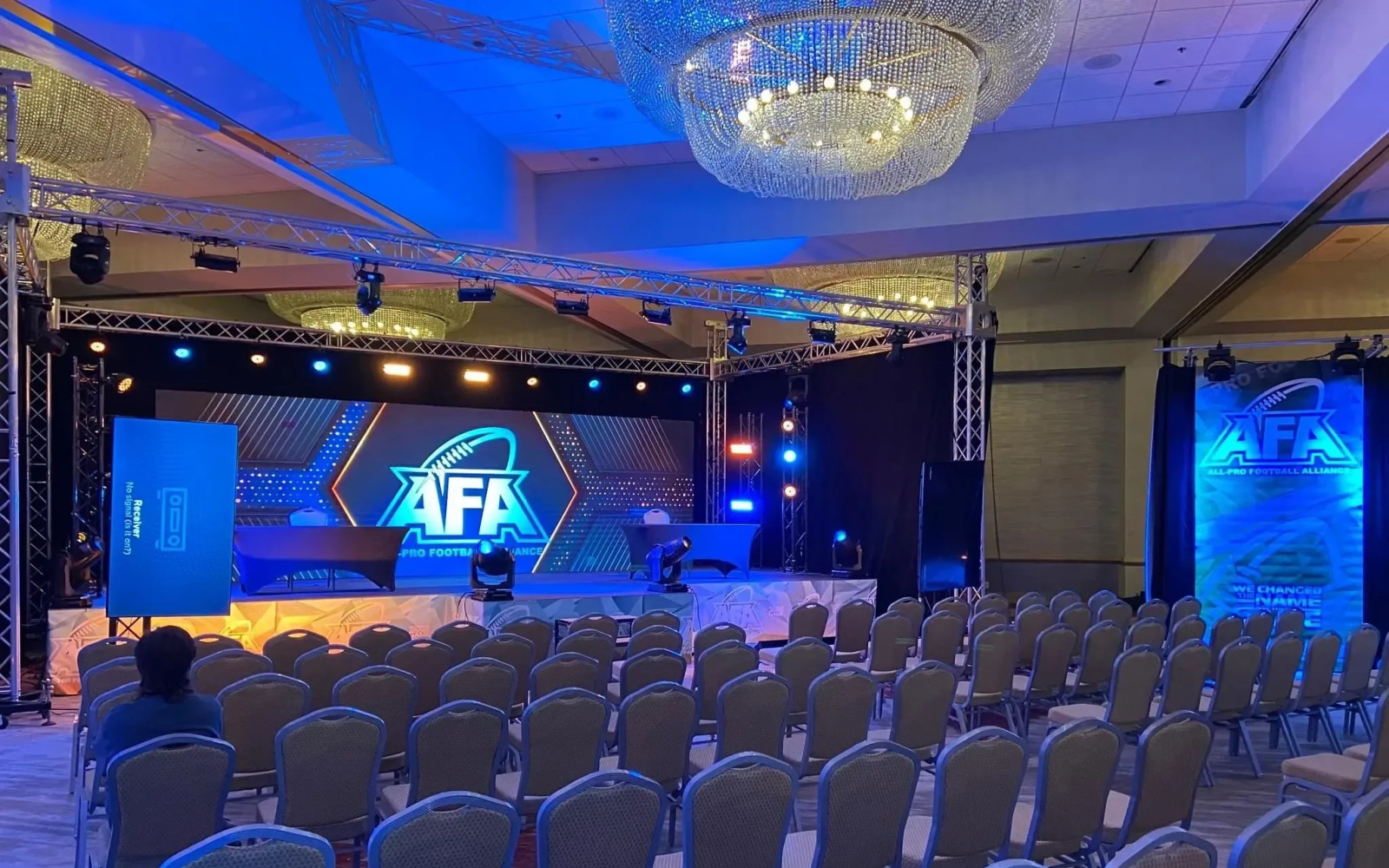 All-Pro Football Alliance draft event with LED stage backdrop, truss rigging, and ballroom seating