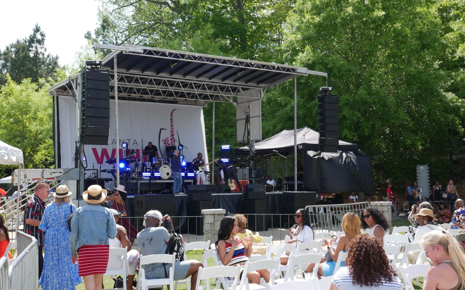 SL100 mobile stage outdoor audio and lighting setup