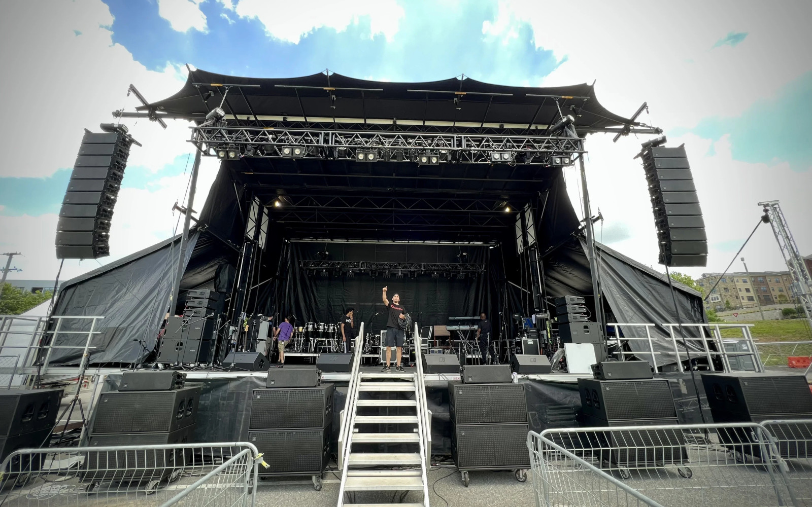 SL260 mobile stage front view with concert lights