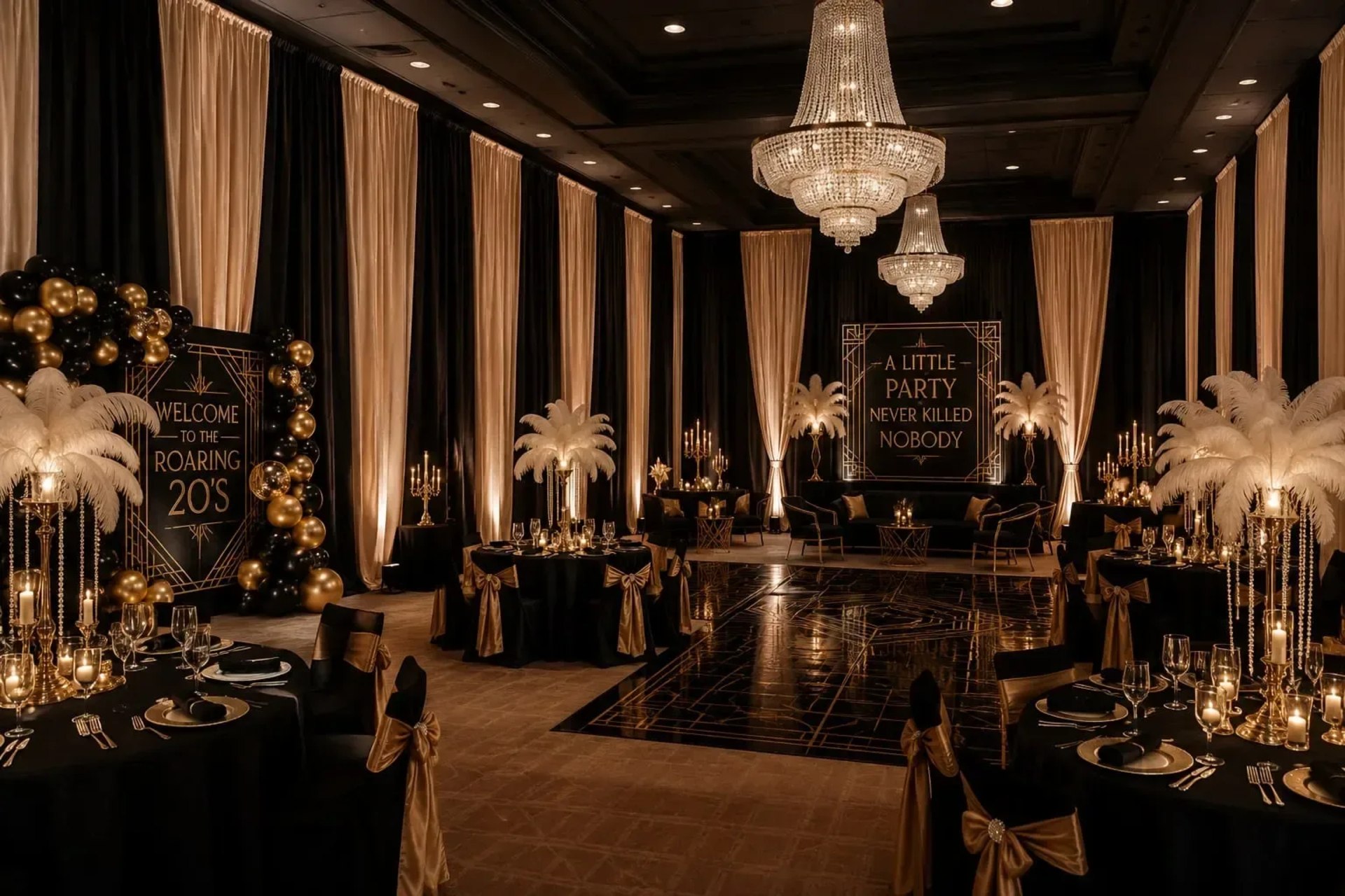 Uplit Atlanta ballroom divided with a dark drape wall behind a lounge and presentation screen