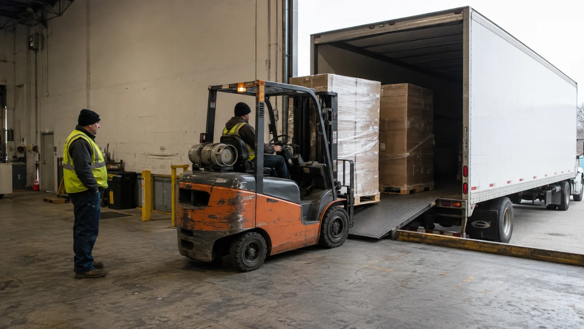 A forklift loading palletized material into a truck at a warehouse dock