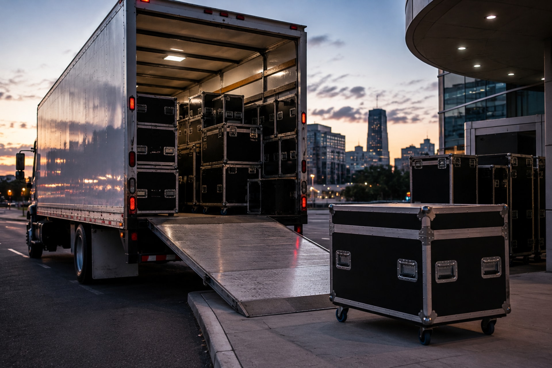 Cased audiovisual equipment beside a box truck at a downtown venue at dusk