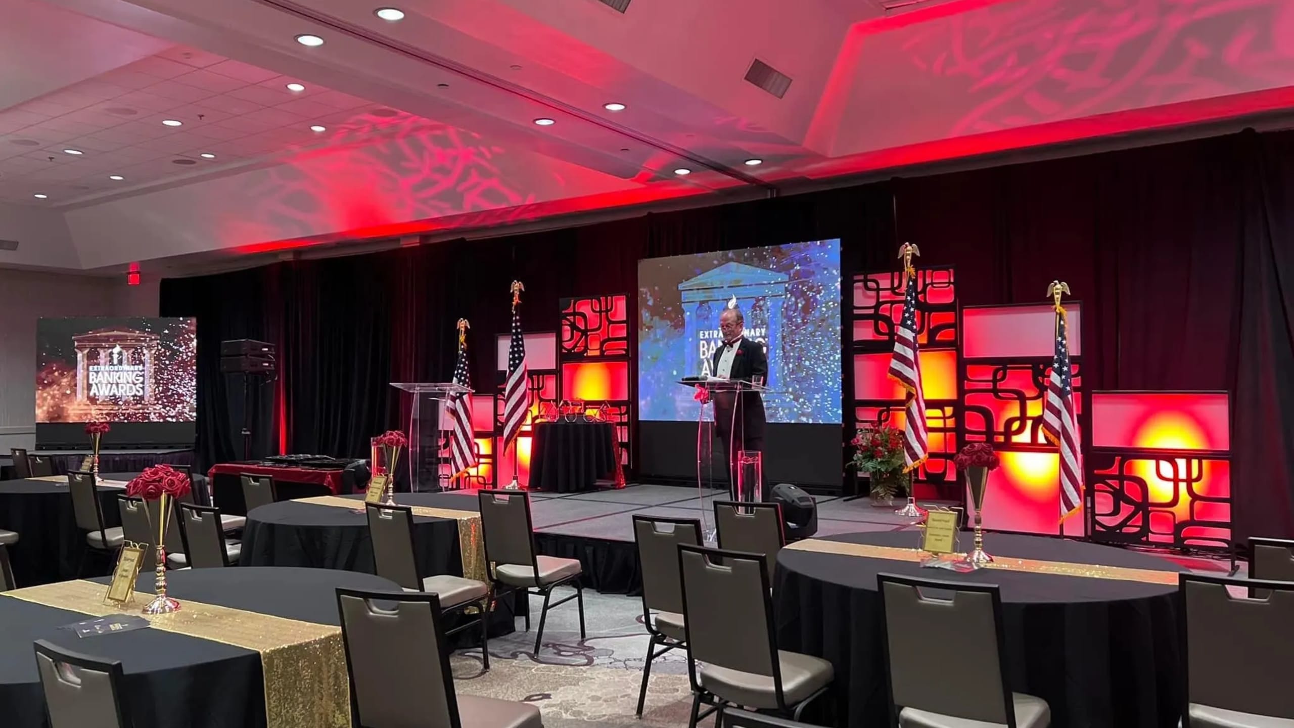 Political rally production with staging, LED video walls, and audio for government event