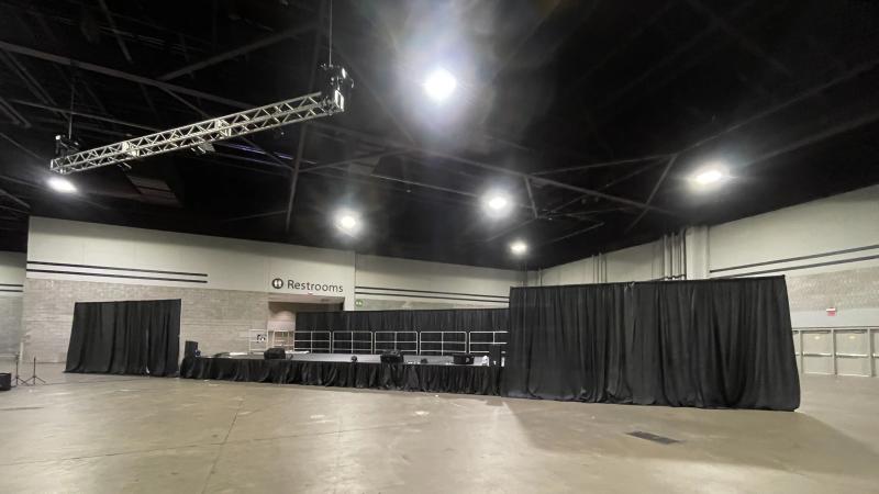 Indoor podium layout with modular deck staging