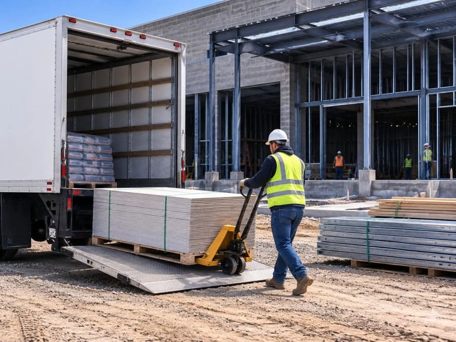 Box truck delivering construction material to a Tampa jobsite during the workday