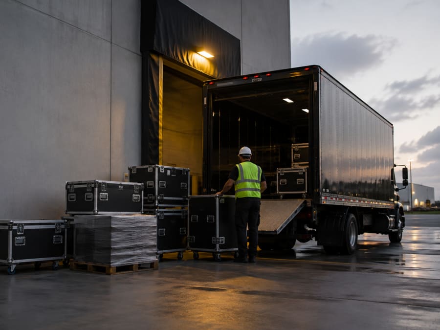 Cased audiovisual equipment beside a box truck at a loading dock at dusk