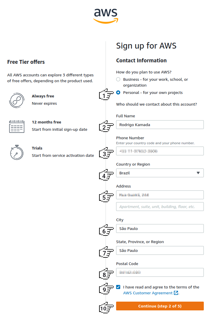 Amazon Cognito - Sign up for AWS (step 2 of 5)