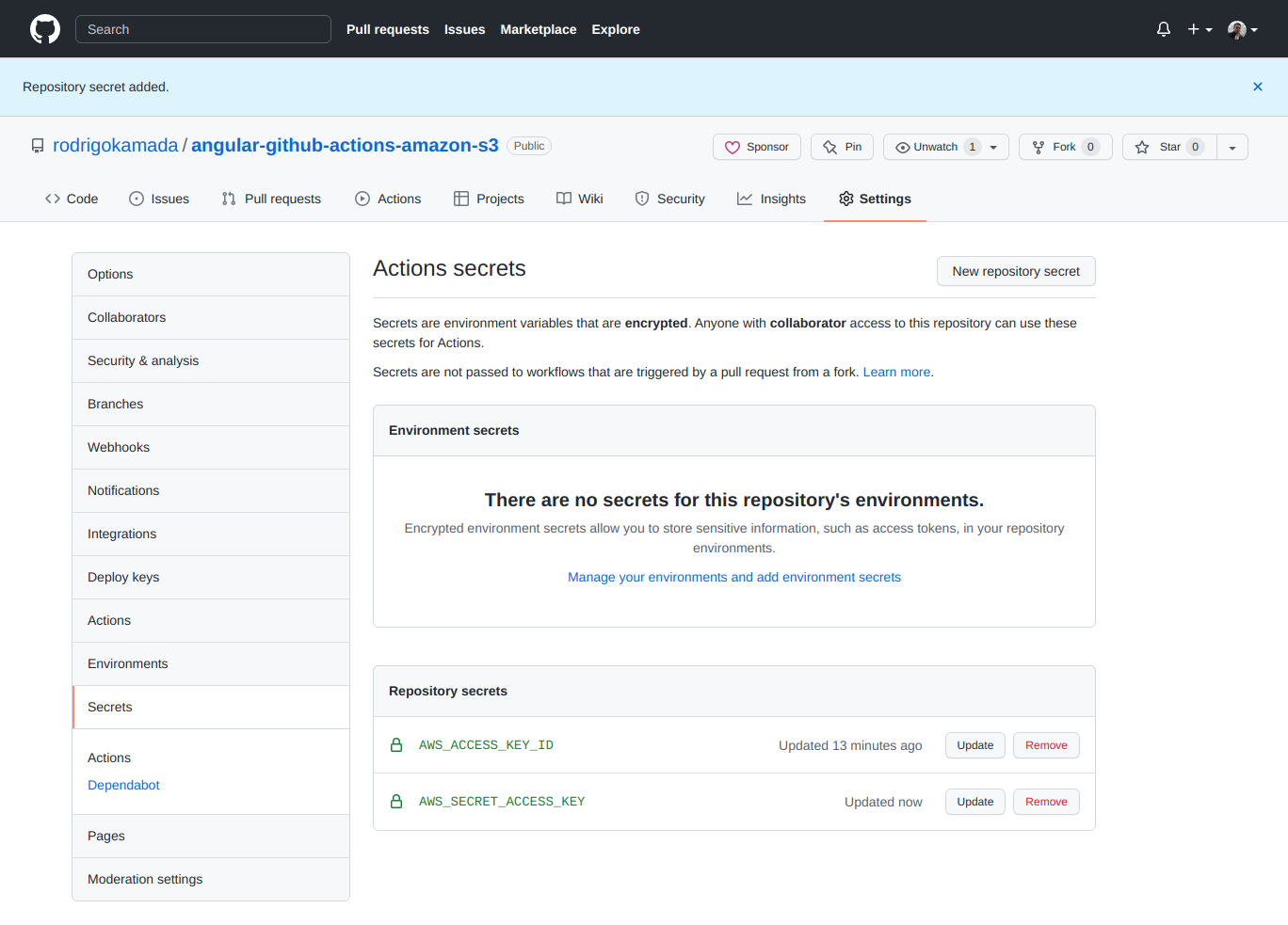 GitHub - Secrets configured