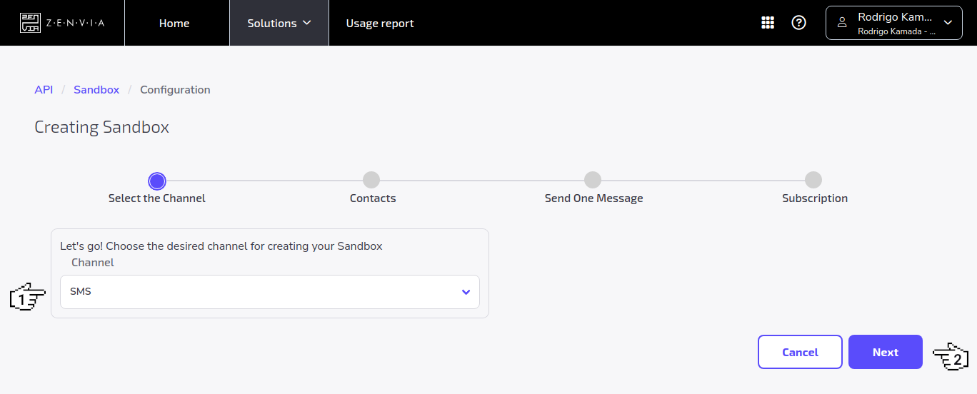 ZENVIA - Sandbox - Select the channel