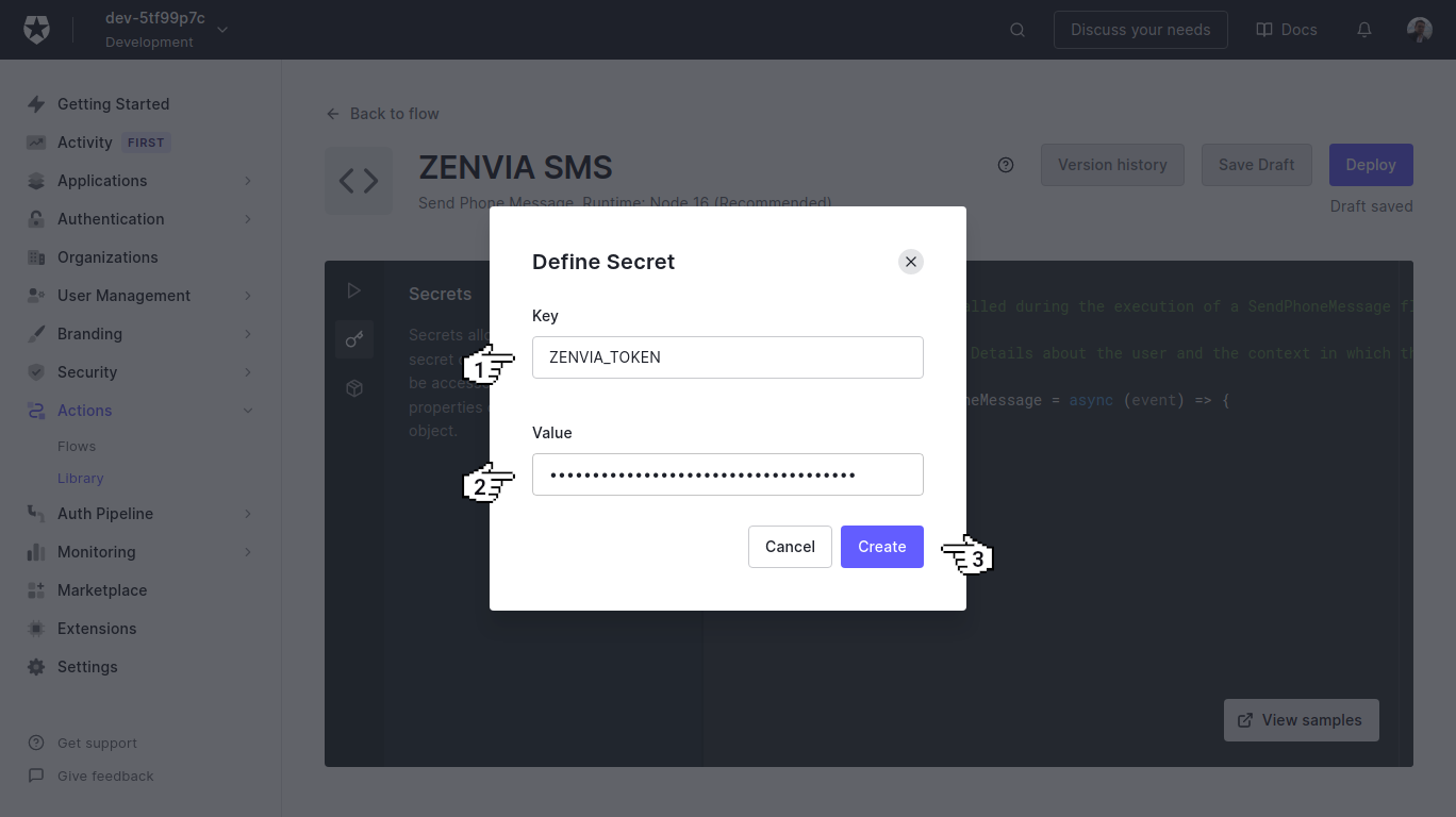 Auth0 - ZENVIA_TOKEN secret