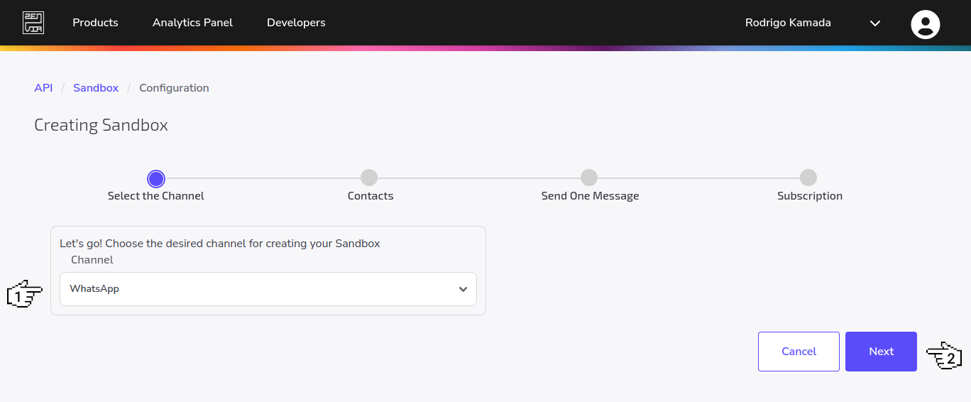 Zenvia - Sandbox - Select the channel