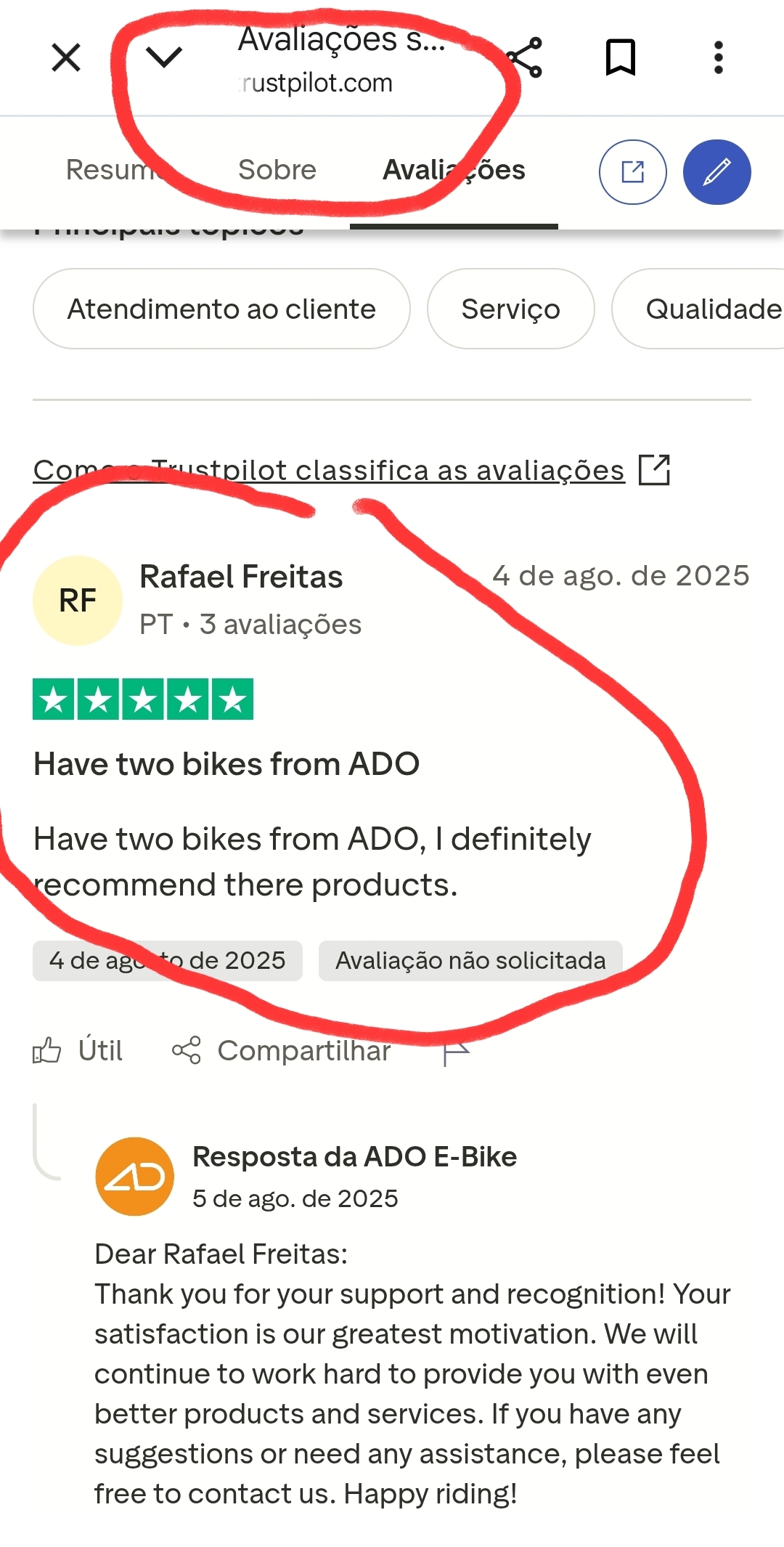 Trustpilot reviews screenshot for ADO E-bikes
