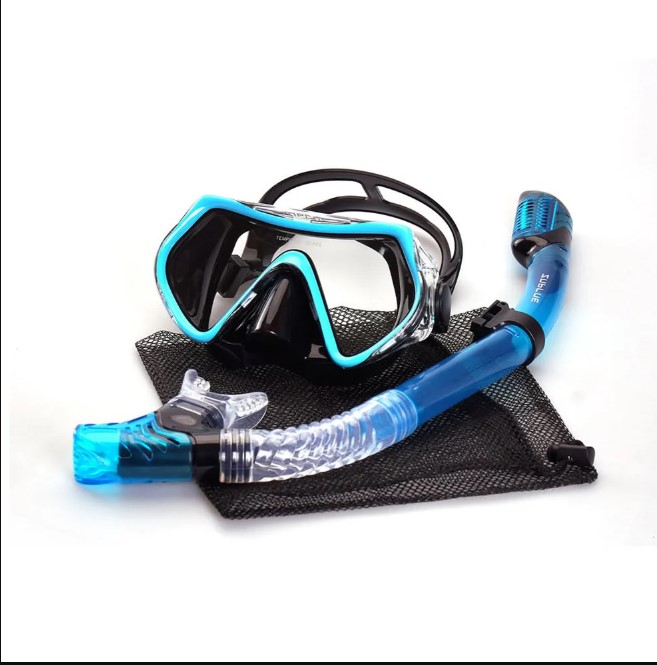 Dive Mask and Snorkel Set for Open Water Sublue 180° Panoramic Tempered Glass side profile with snorkel