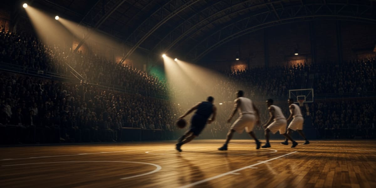 Player dribbling past defenders under spotlights in a packed, hazy brick-and-steel basketball arena