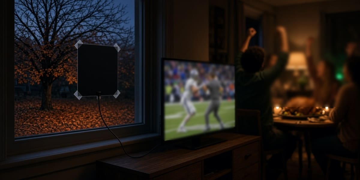Flat black indoor TV antenna taped to a window, its cable running to a TV showing football as friends cheer