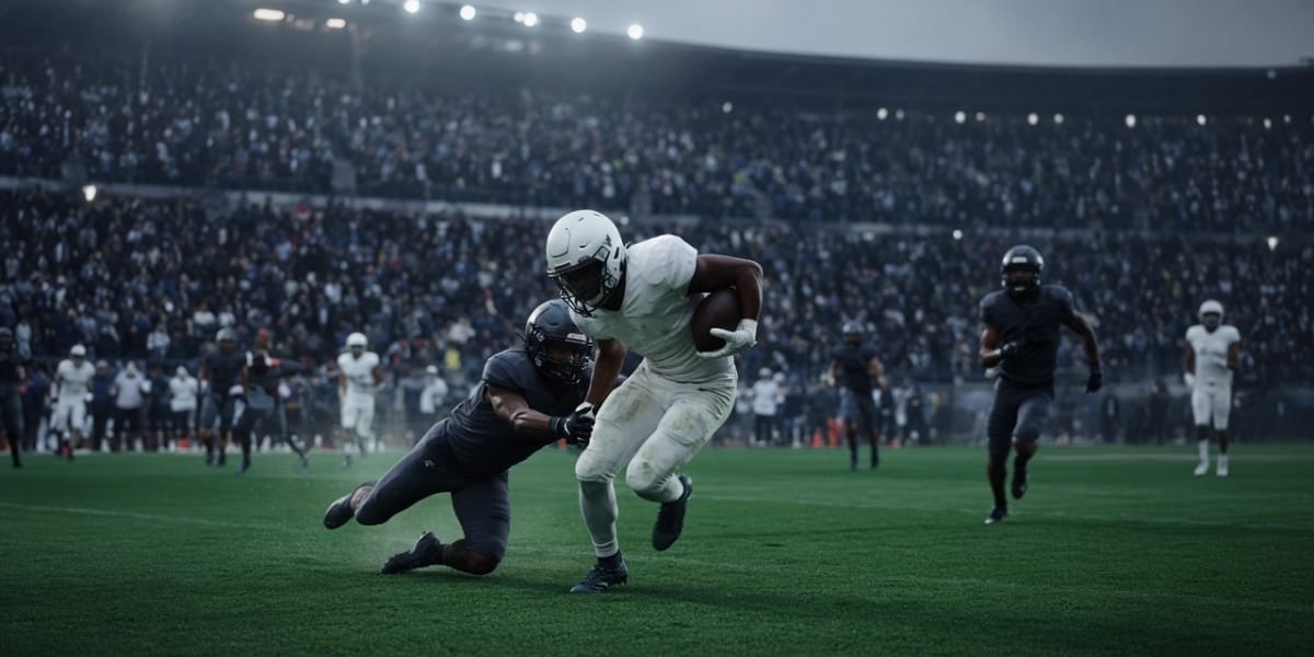 Running back breaking a tackle in a packed, floodlit football stadium on a grey November day