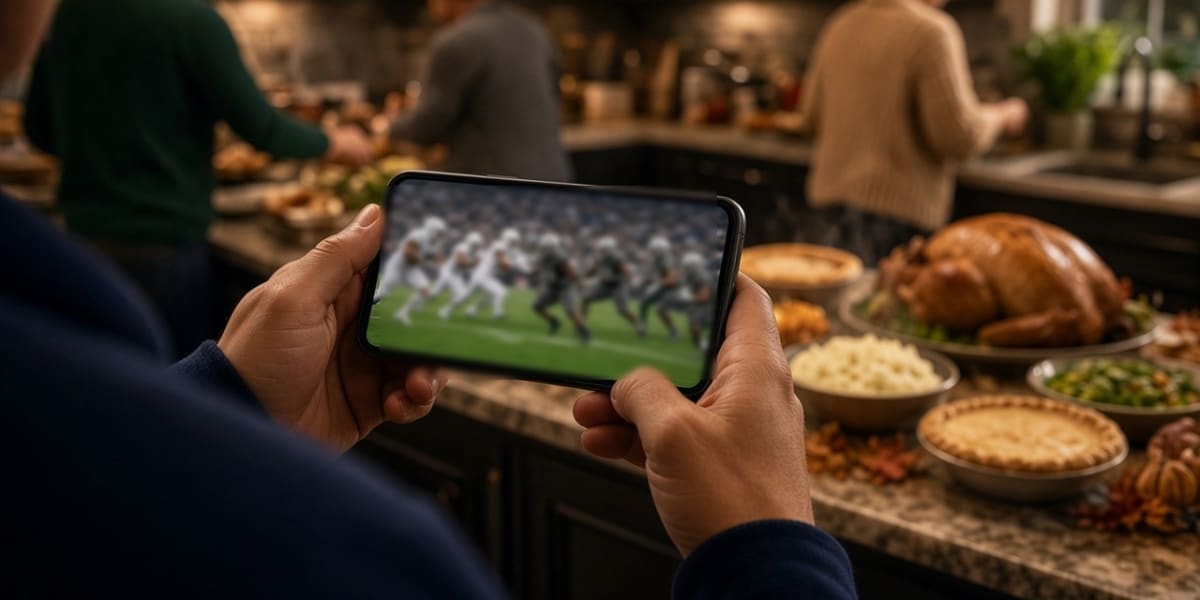 Hands holding a phone streaming a football game in a busy kitchen with a roast turkey and pies