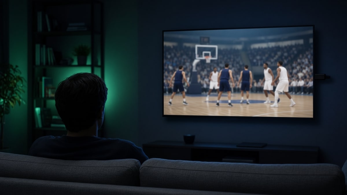 Fan on a couch streaming a basketball game on a wall TV at night, no cable box needed