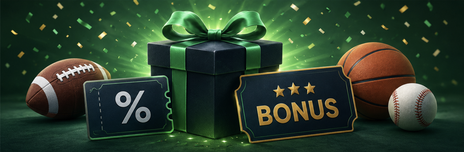 Sports betting bonuses and promo codes illustrated with bonus vouchers, gift box, and sports equipment, representing sportsbook welcome offers and betting promotions.