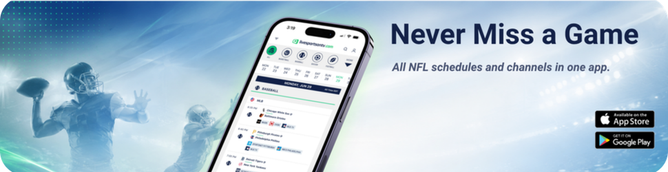 The Livesportsontv app showcasing NFL schedules and TV listings, set against a bright football-themed background with players, stadium lights, and green brand elements.