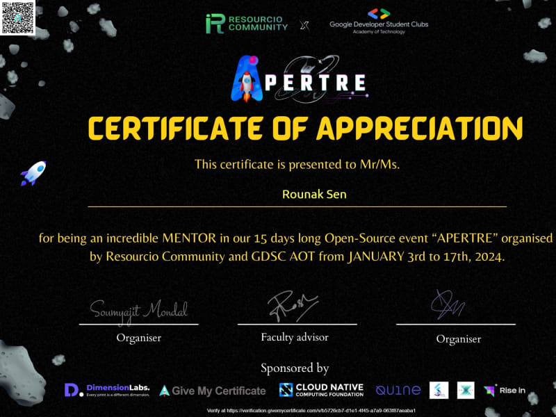 Apertre Mentor Certificate