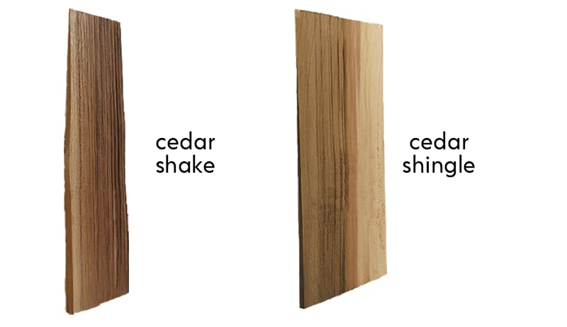 image showing the difference between the rustic, irregular appearance of a hand-split cedar shake vs the thinner and smooth appearance of a shingle that's been milled