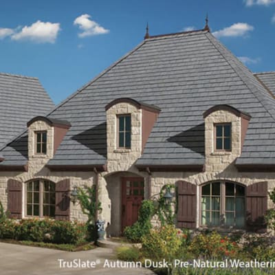 street view of a slate roofed house with Autumn Dusk TruSlate