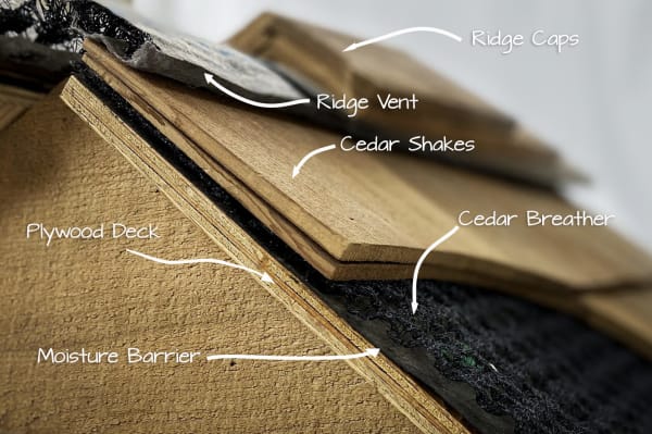 Cross-section of a roof with Cedar Breather underlayment