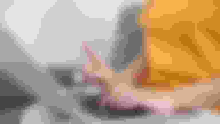 A person on a laptop with an extended finger pushing a fingerprint.