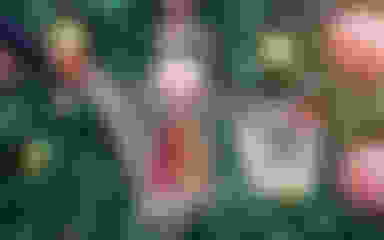 Hands pushing a shopping cart with gift bags.