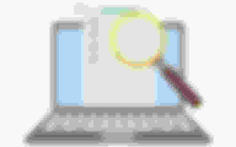 Vector image of a laptop with a checklist and magnifying glass.