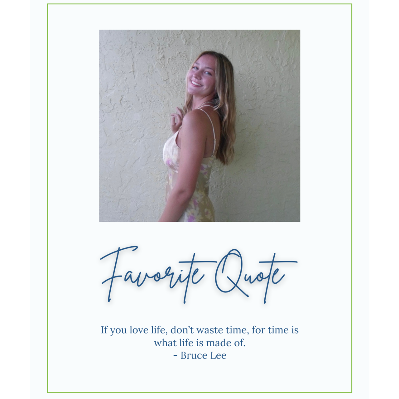 A young woman in a dress with a quote under the photo.