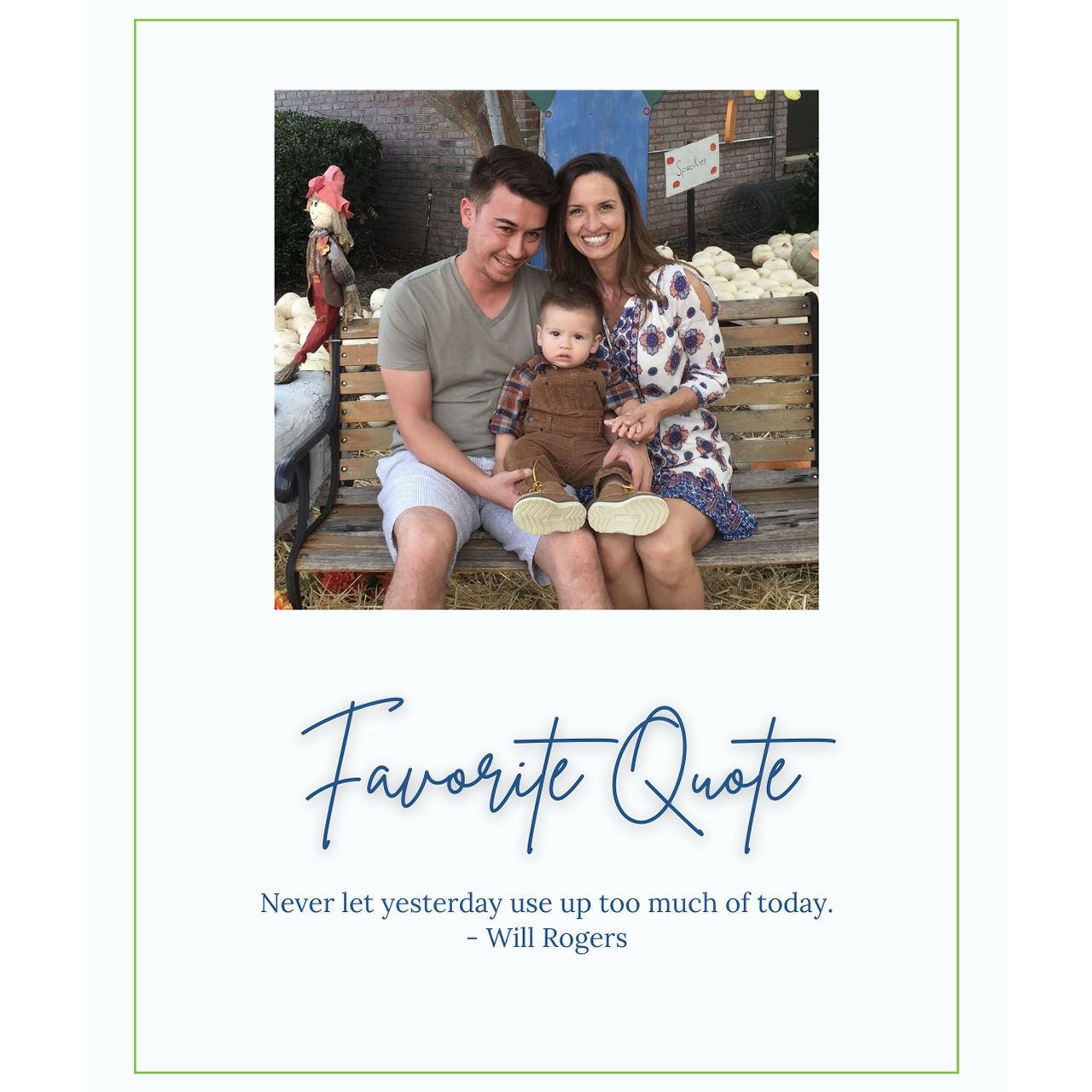 Two people and a baby on a bench with a quote under the photo.