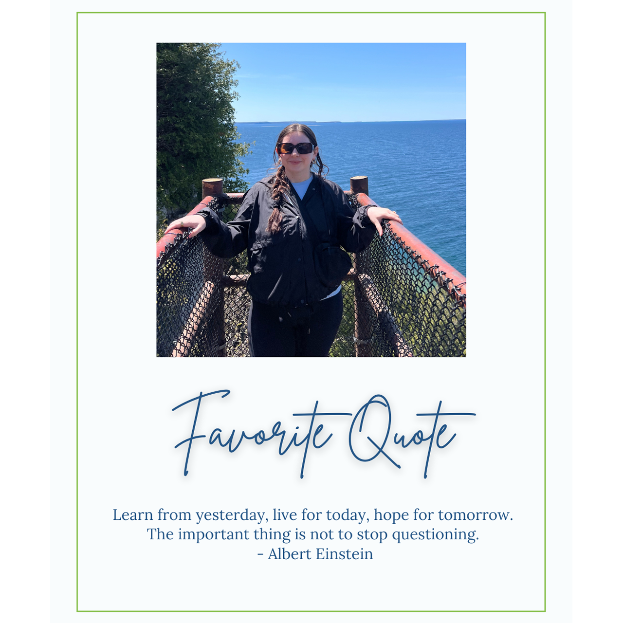 A woman posing for a photo with water behind her with a quote under the photo.
