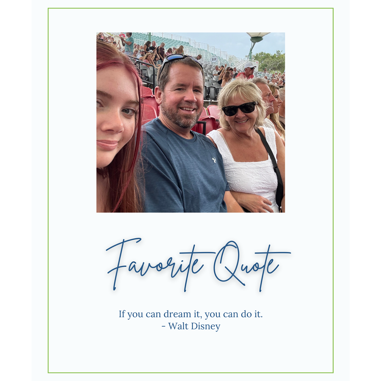 People sitting in a stadium with a quote under the photo.