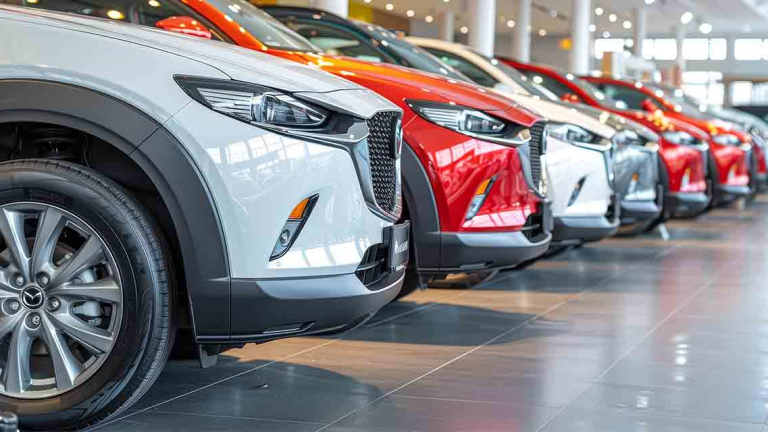 Close up of a car at a bustling car dealership showroom offering vehicles for sale or rent