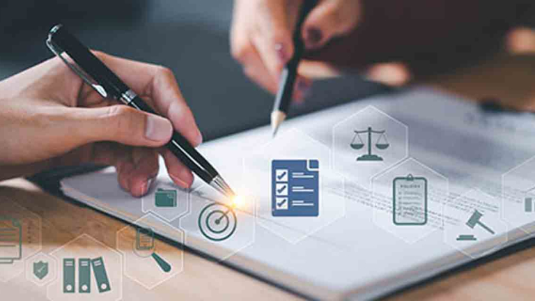 two people holding pens over a document with a graphic overlay of various icons