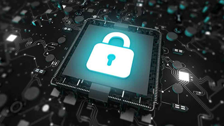 A computer chip on a circuit board with a glowing lock on it.