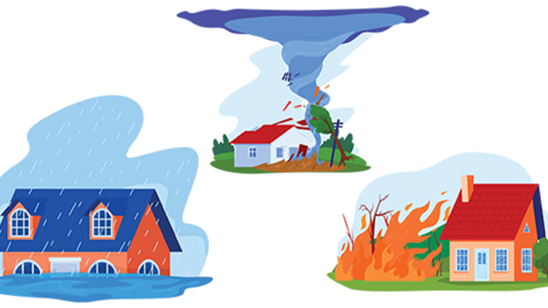 A house being flooded, a tornado striking a home, a fire next to a home.